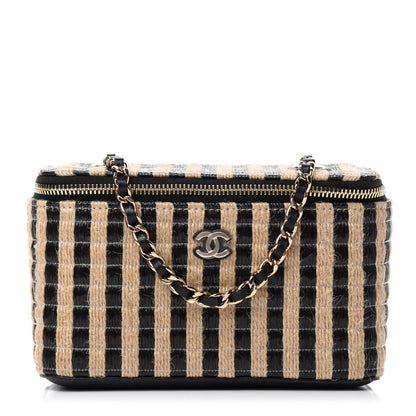Chanel Raffia Jute Striped Small Vanity Case With Chain Black Beige 1 of 11