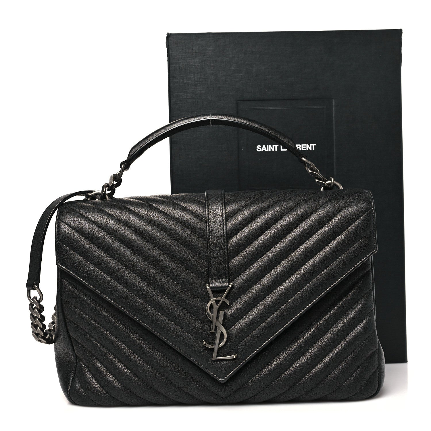 Saint Laurent Sheepskin Matelasse Chevron Monogram Large College Satchel Black 10 of 10