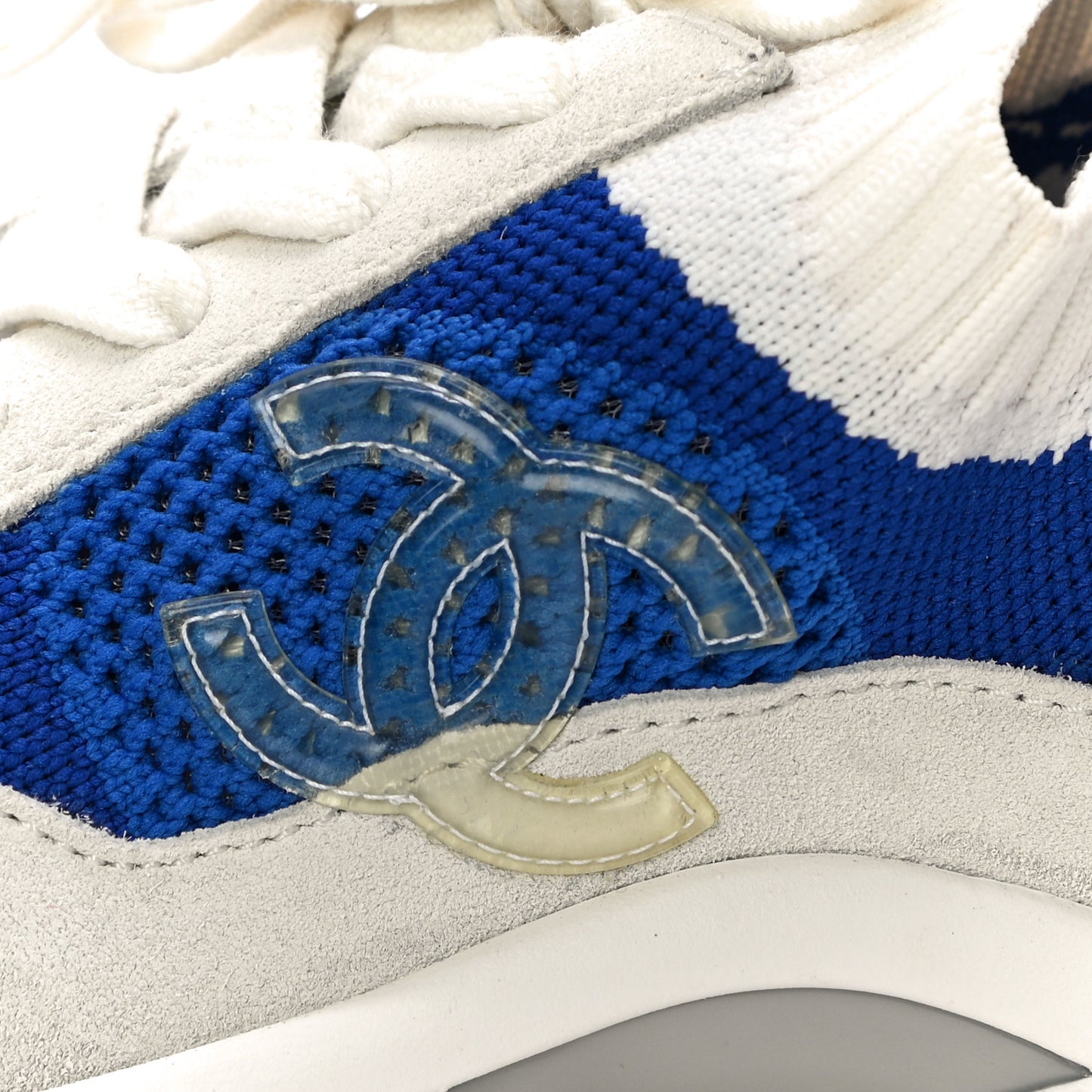 Fabric Suede Calfskin Stretch CC Sneakers 36 White Blue