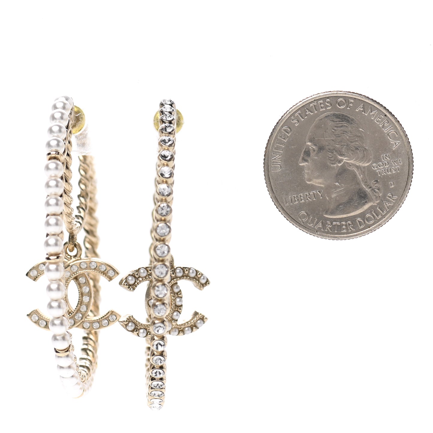 Crystal Pearl CC Drop Hoop Earrings Gold Pearly White