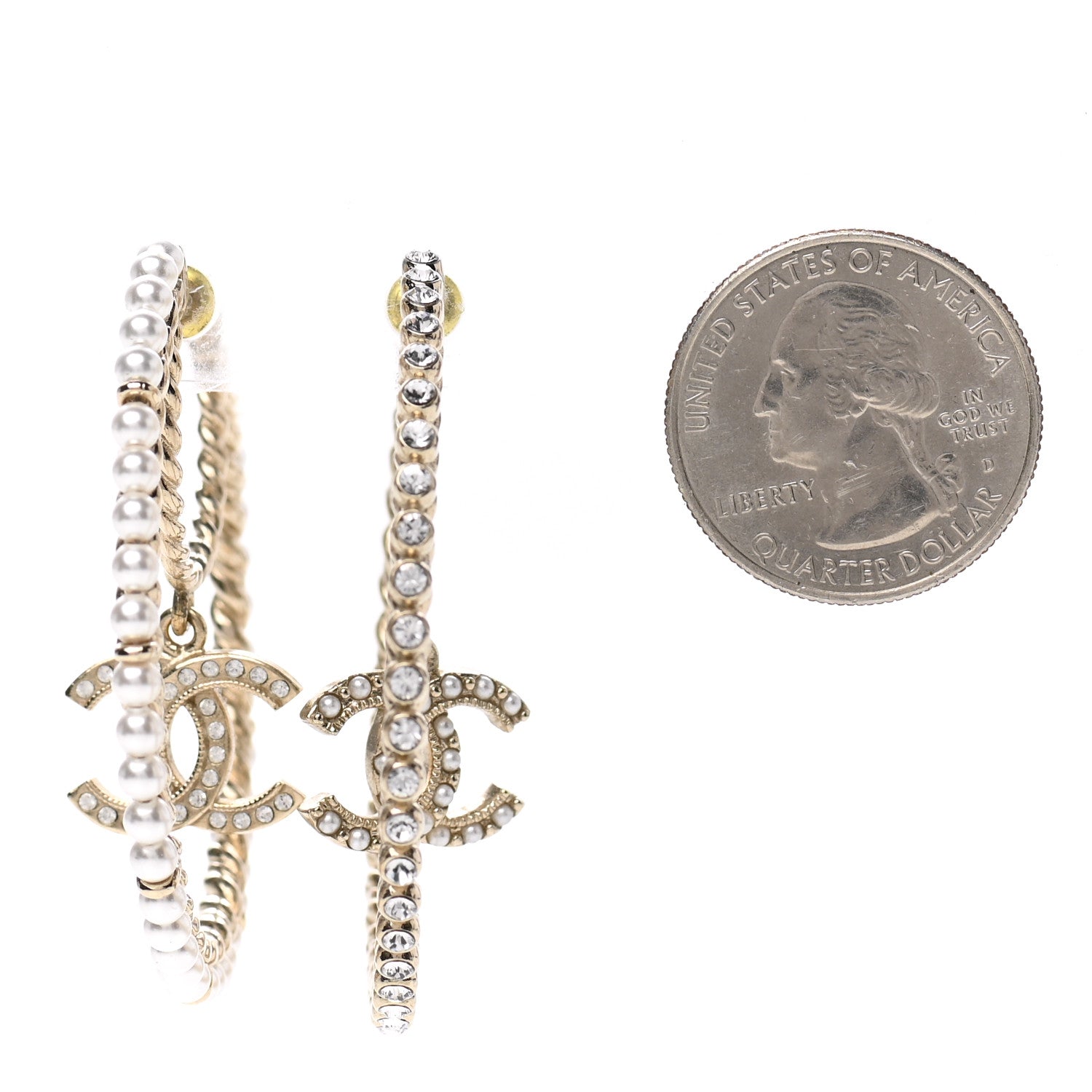 Chanel Crystal Pearl CC Drop Hoop Earrings Gold Pearly White 2 of 4