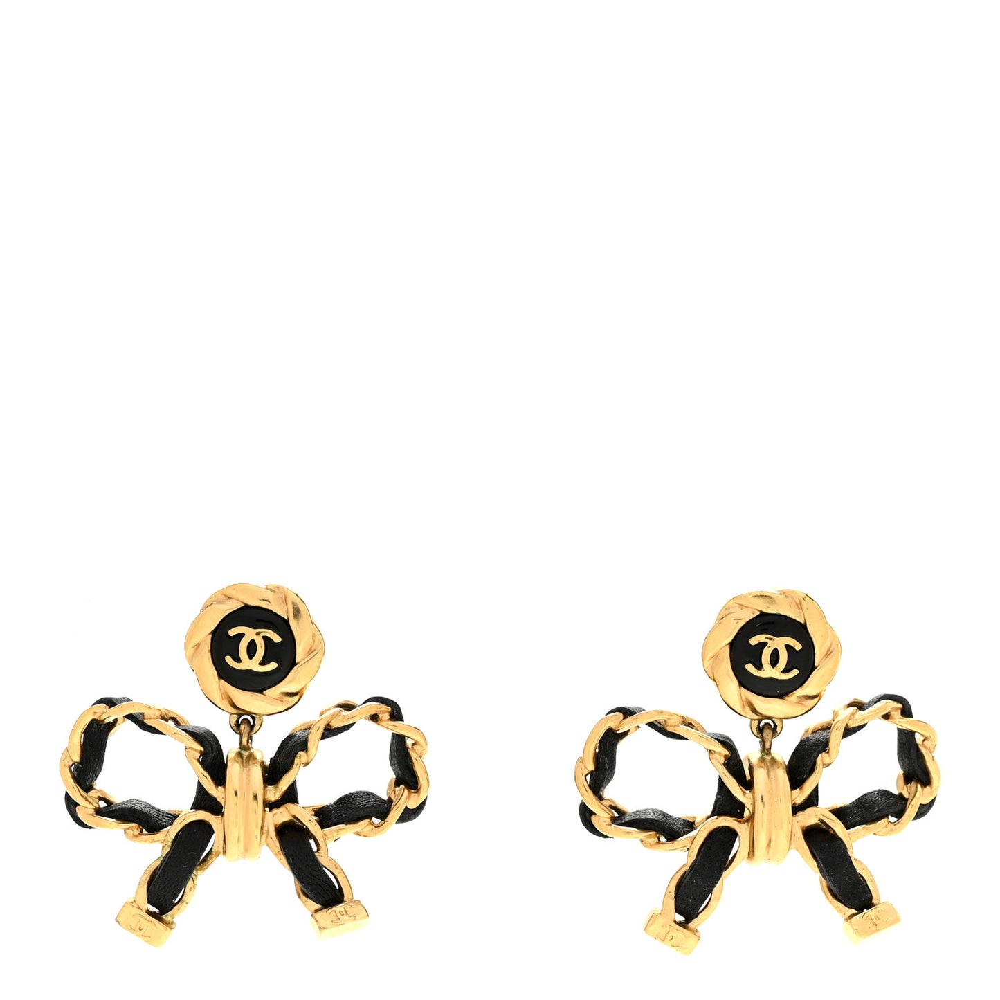 Lambskin Chain Bow Drop Earrings Black Gold