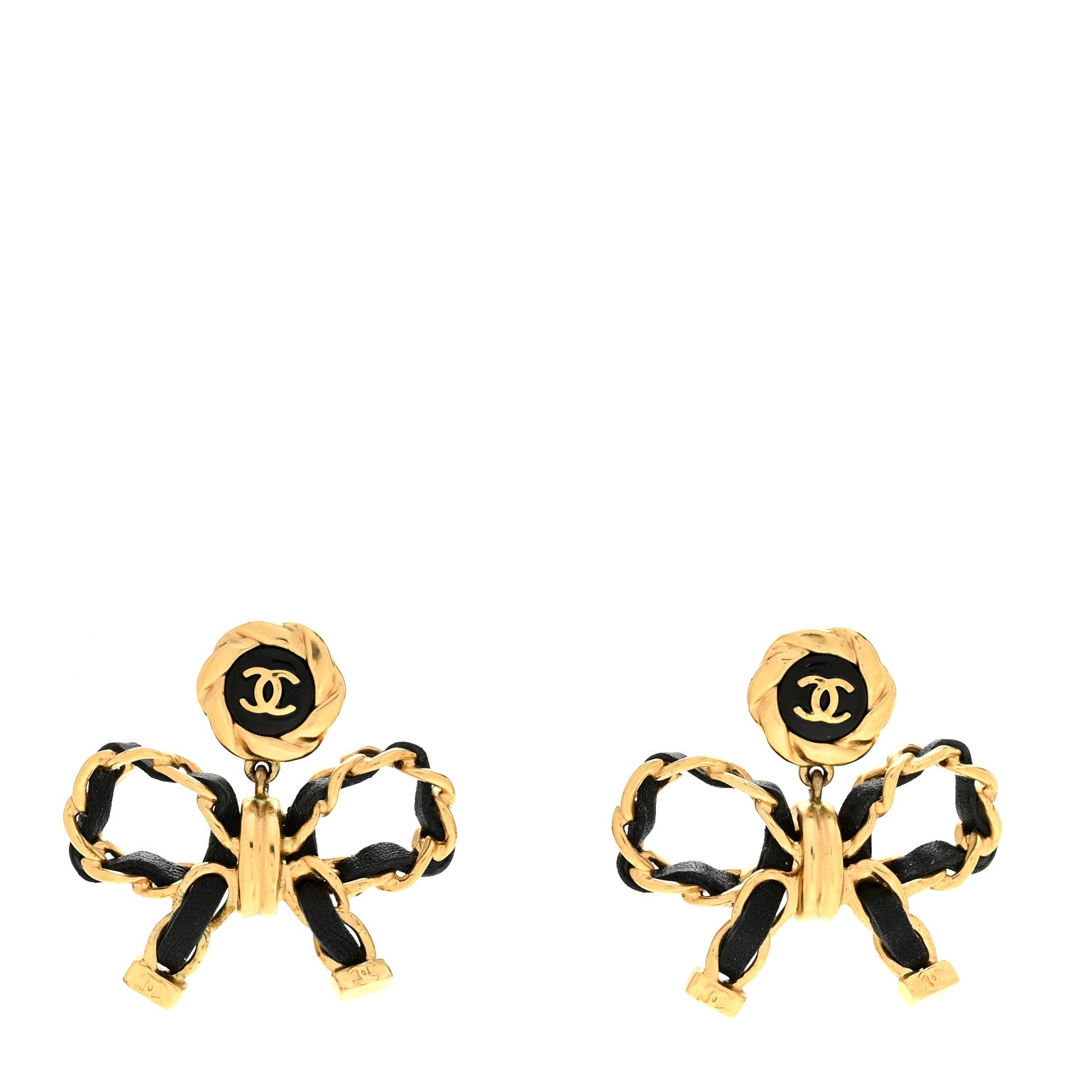 Chanel Lambskin Chain Bow Drop Earrings Black Gold 1 of 5
