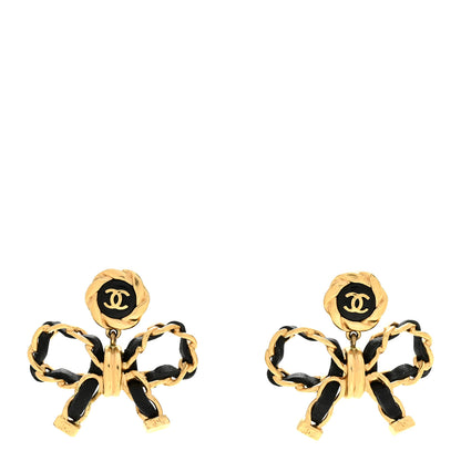 Chanel Lambskin Chain Bow Drop Earrings Black Gold 1 of 5