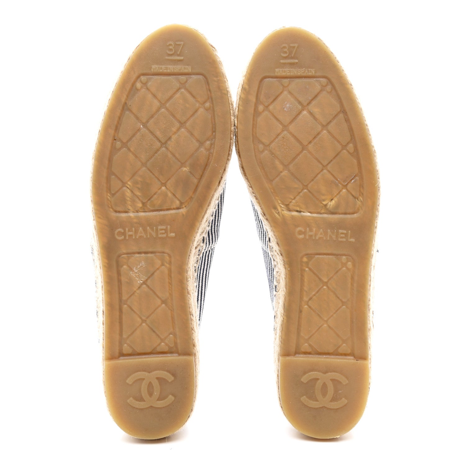 Chanel Canvas Striped Patent CC Espadrilles 37 Ivory Navy White