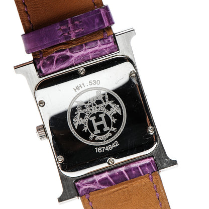 Hermes Stainless Steel Alligator Diamond Bezel 26mm Heure H Hour Quartz Watch Amethyst 5 of 11