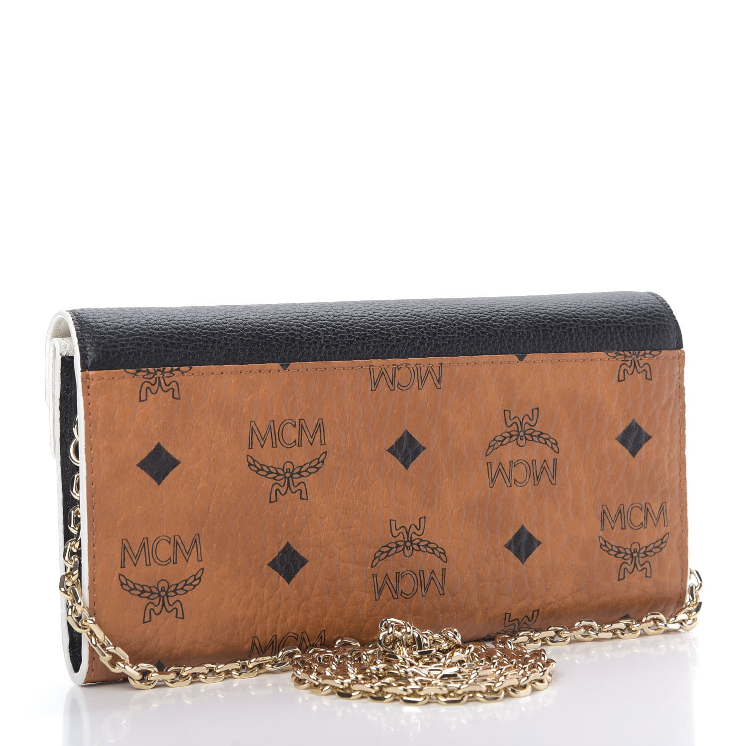 MCM Calfskin Visetos Monogram Patricia Color Block Wallet On Chain Cognac Black White 3 of 9