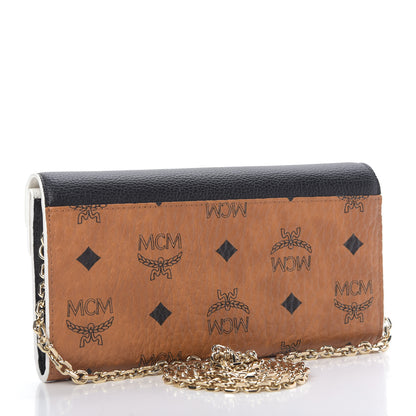 MCM Calfskin Visetos Monogram Patricia Color Block Wallet On Chain Cognac Black White 3 of 9
