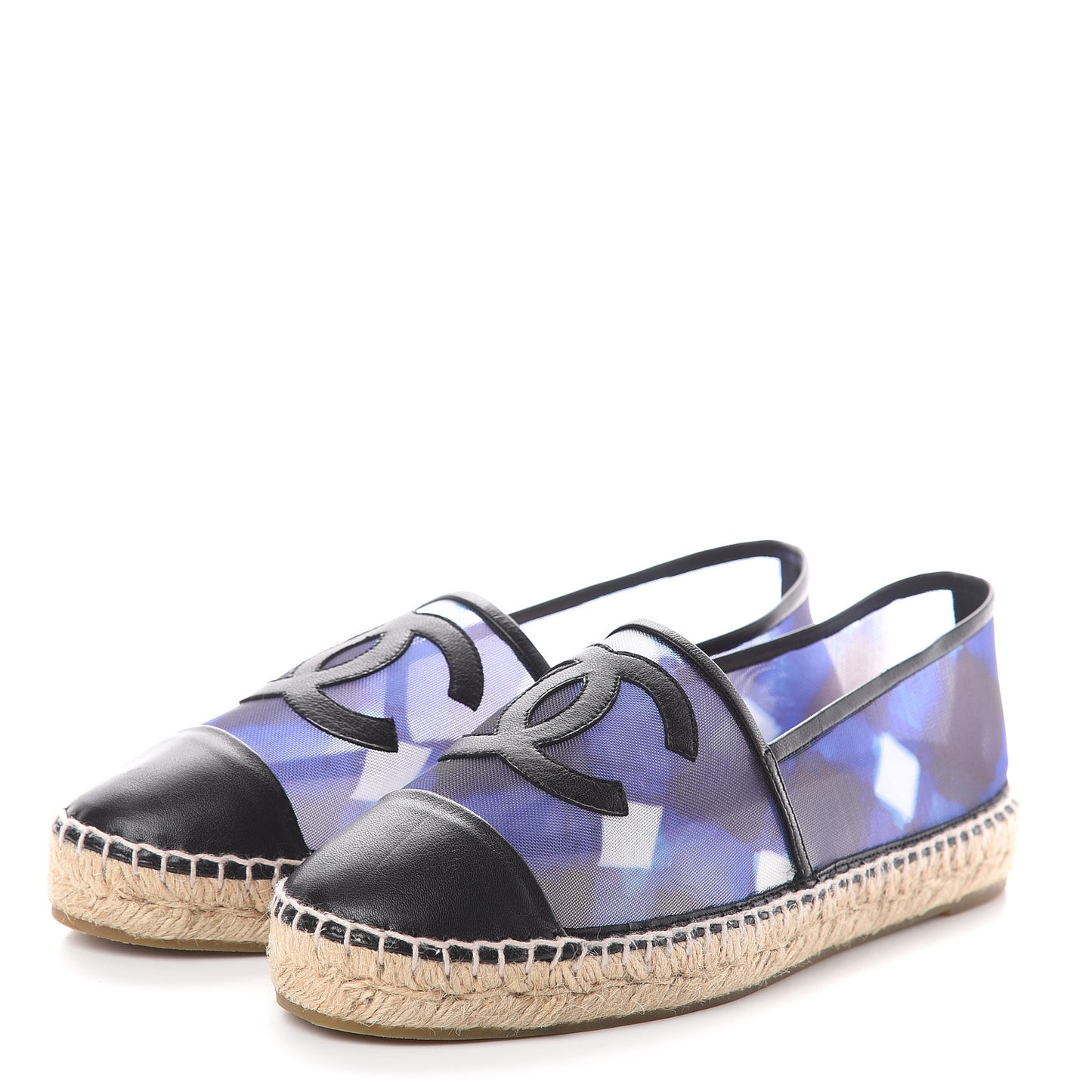 Mesh Lambskin Check Print CC Espadrilles 40 Blue Black White