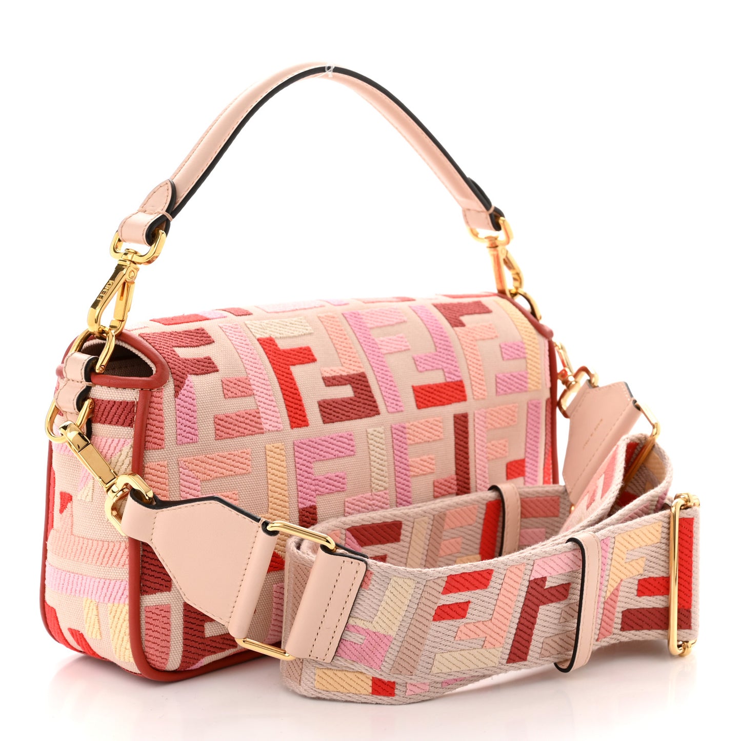 Canvas Vitello King FF Embroidered Baguette Rosa Quarzo Bloody Mary Multicolor