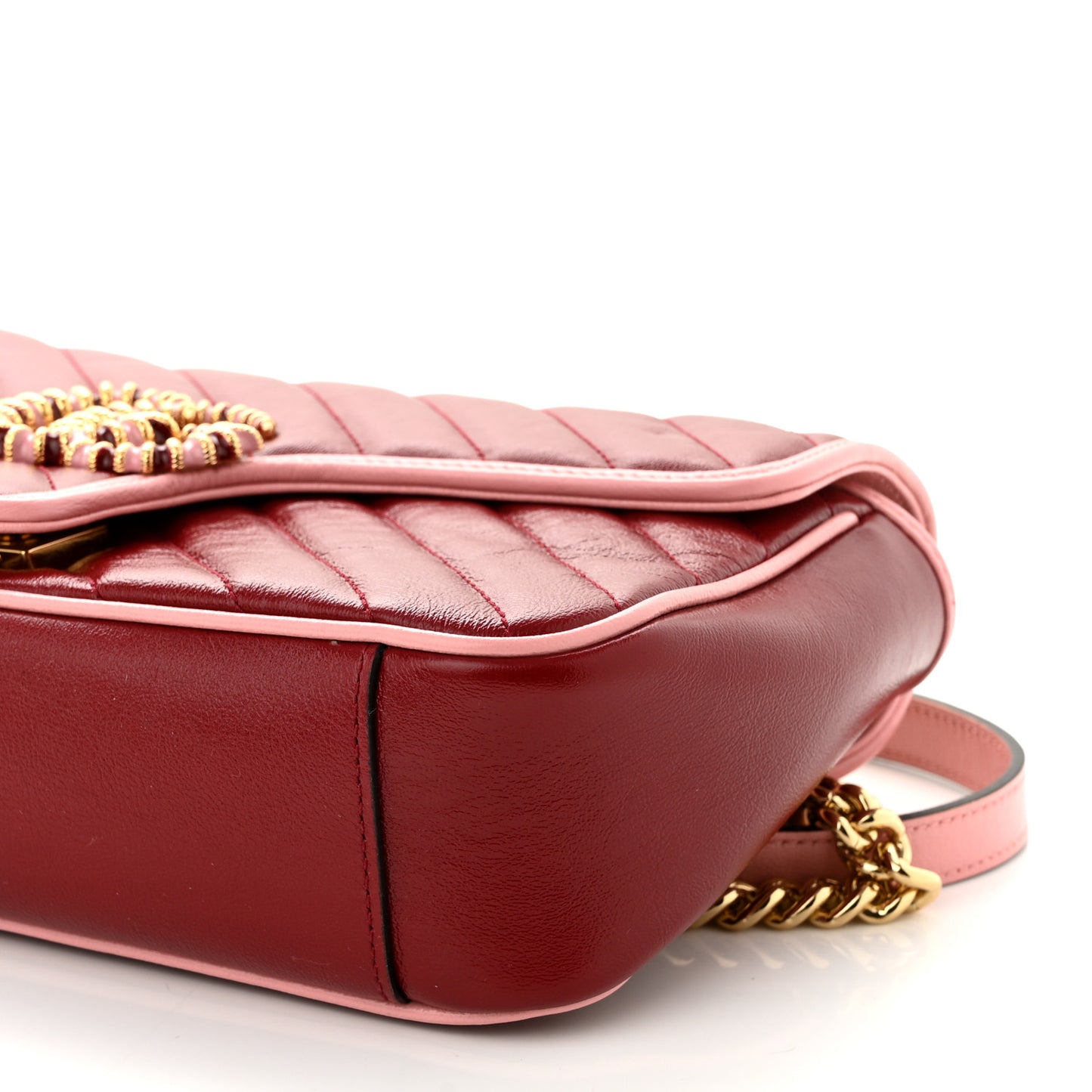 Azalea Calfskin Enamel Matelasse Diagonal Small Torchon GG Marmont Shoulder Bag New Cherry Red Wild Rose