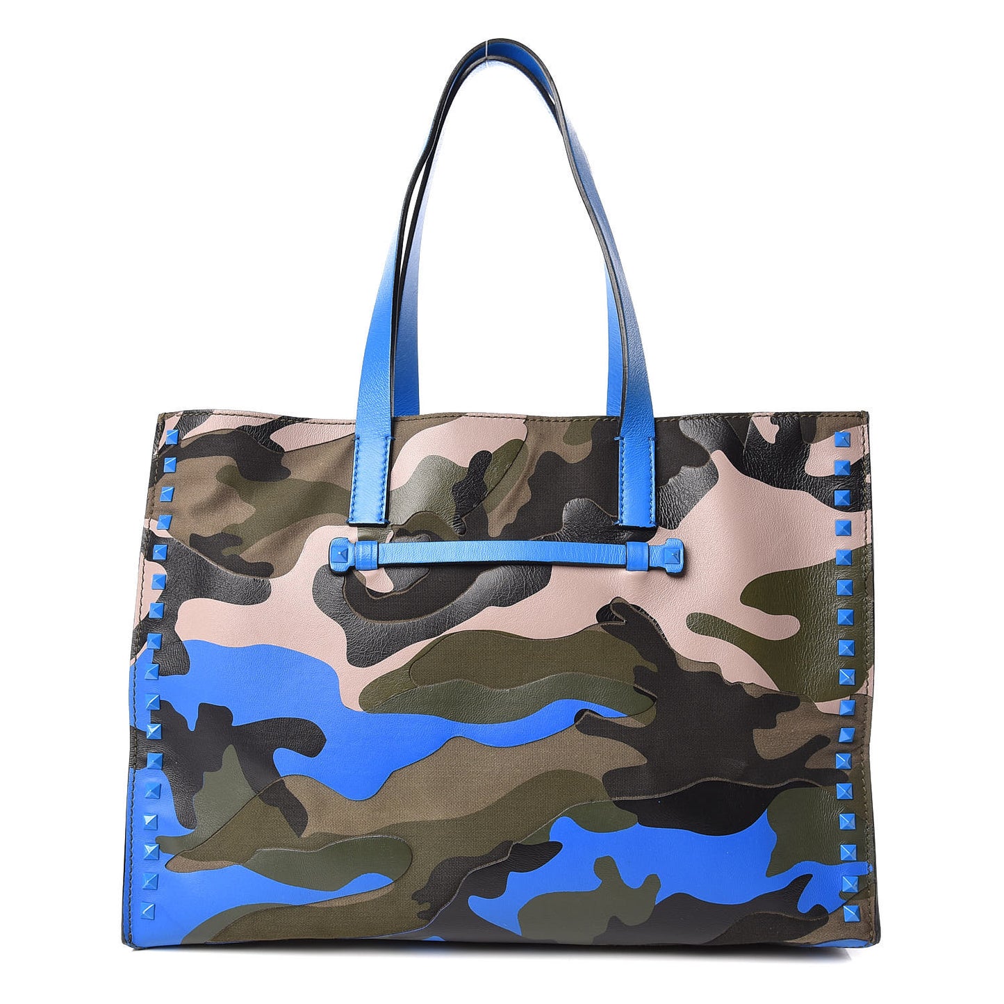 Nappa Canvas Camo Medium Rockstud Soft Tote Blue Fluo