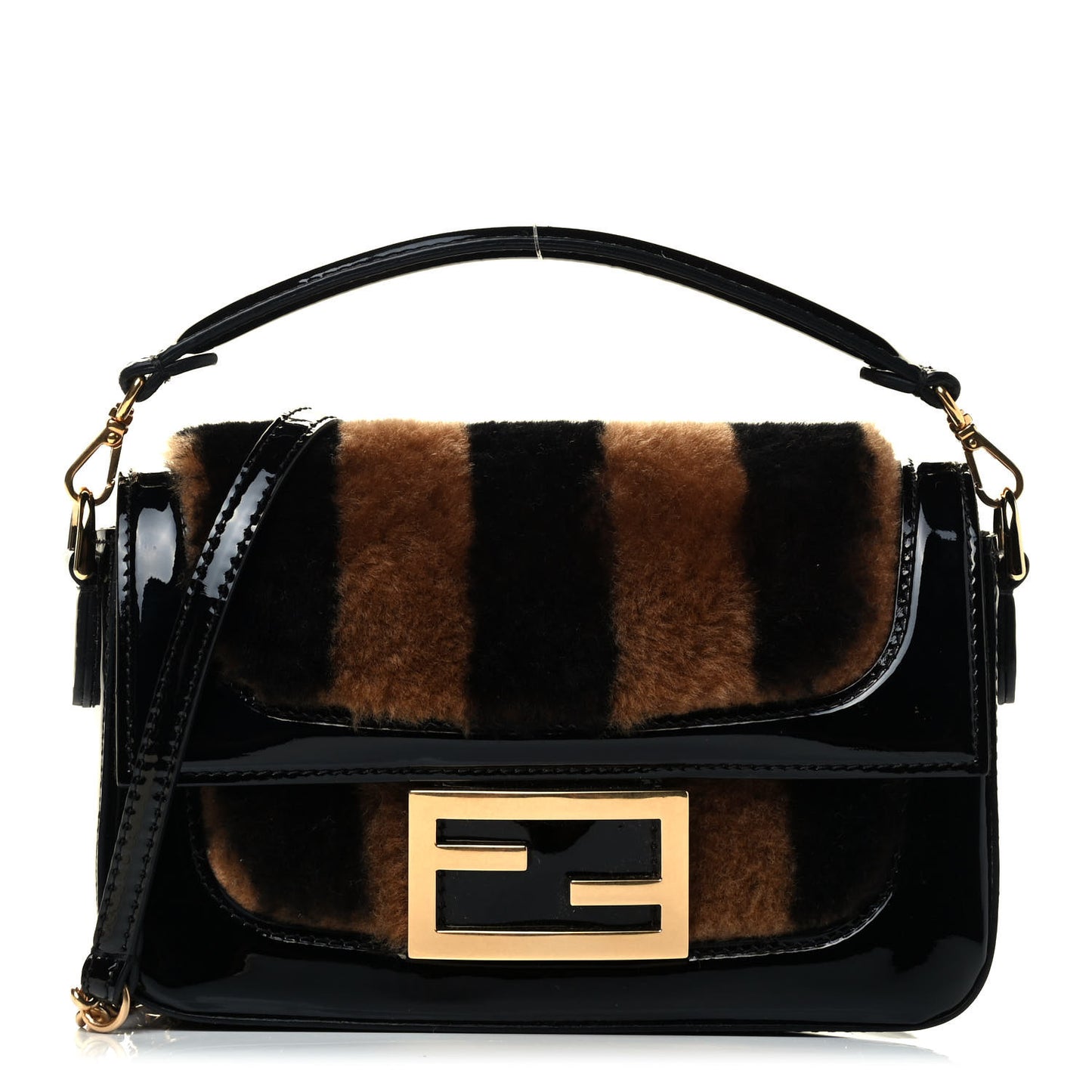 Shearling Vitello Vernice Mou Pequin Striped Mini Baguette Tobacco Black