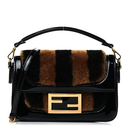 Fendi Shearling Vitello Vernice Mou Pequin Striped Mini Baguette Tobacco Black 1 of 5