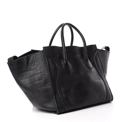 Celine Crocodile Embossed Calfskin Medium Phantom Luggage Black 3 of 11