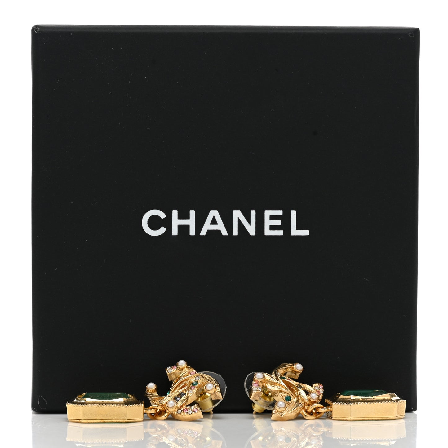 Crystal Pearl Glitter CC Drop Earrings Gold Green