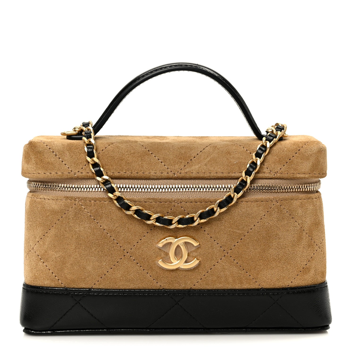 Chanel Suede Calfskin Shiny Lambskin Stitched Top Handle Slim Vanity Case With Chain Beige Black 1 of 10