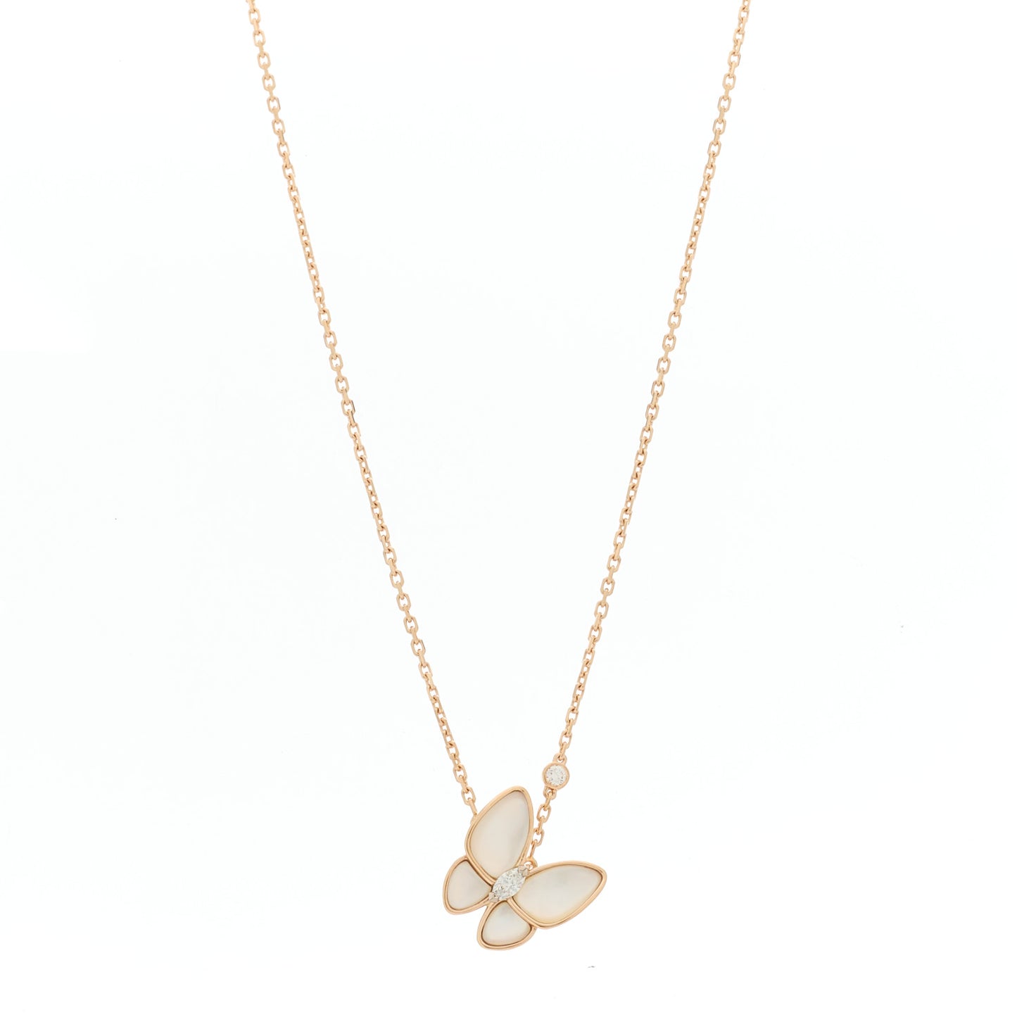 18K Rose Gold Diamond Mother of Pearl Two Butterfly Pendant Necklace