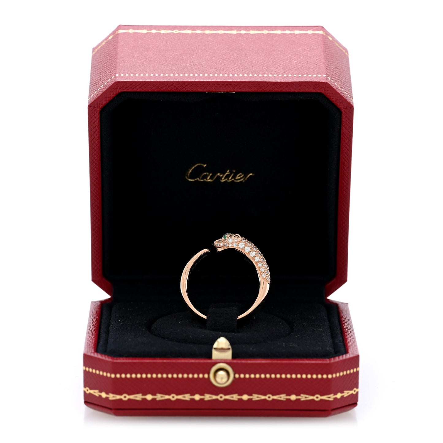 18K Pink Gold Diamond Emerald Onyx Panthere De Cartier Ring 62 10