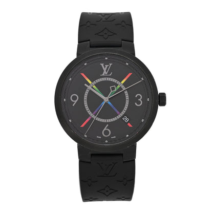 Louis Vuitton Stainless Steel Rubber 39mm Tambour Slim Rainbow Quartz Watch Black 1 of 5