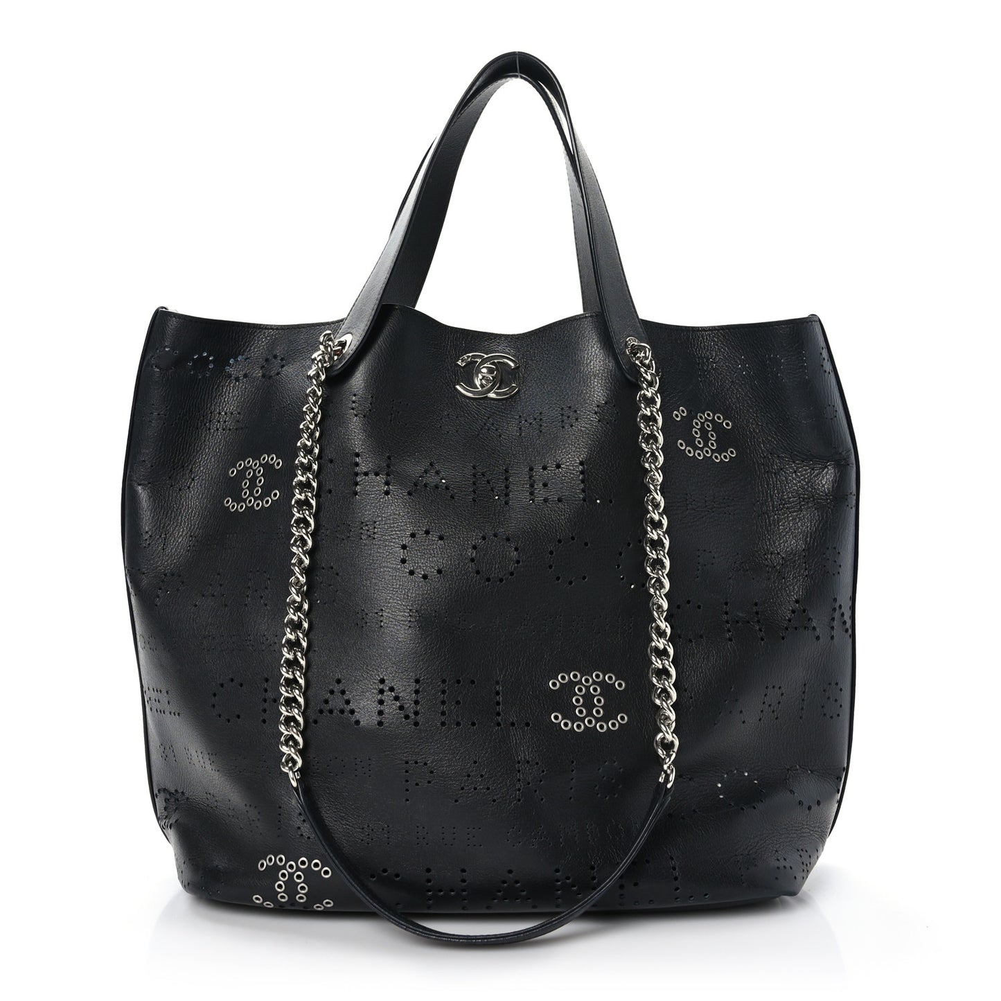 Calfskin Tweed Small Logo Eyelets Shopping Tote Black