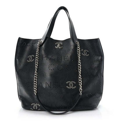 Chanel Calfskin Tweed Small Logo Eyelets Shopping Tote Black 3 of 12