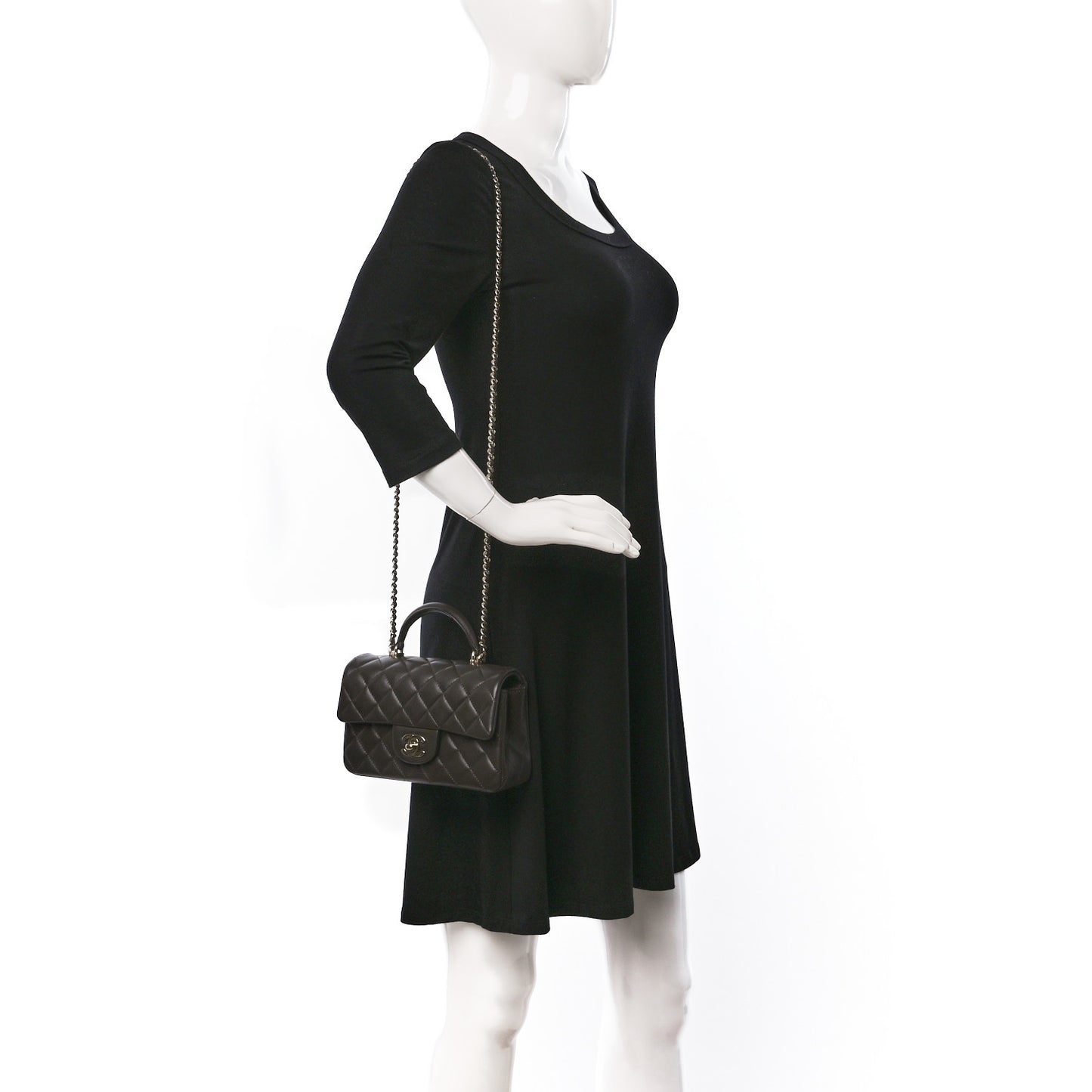 Lambskin Quilted Mini Top Handle Rectangular Flap Dark Brown