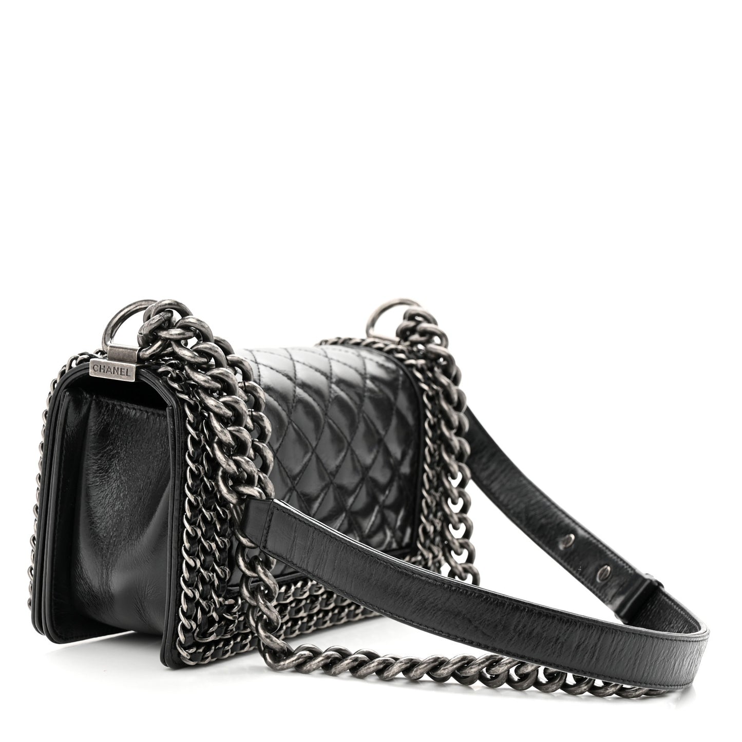 Glazed Calfskin Quilted Small Boy Chained Flap Black