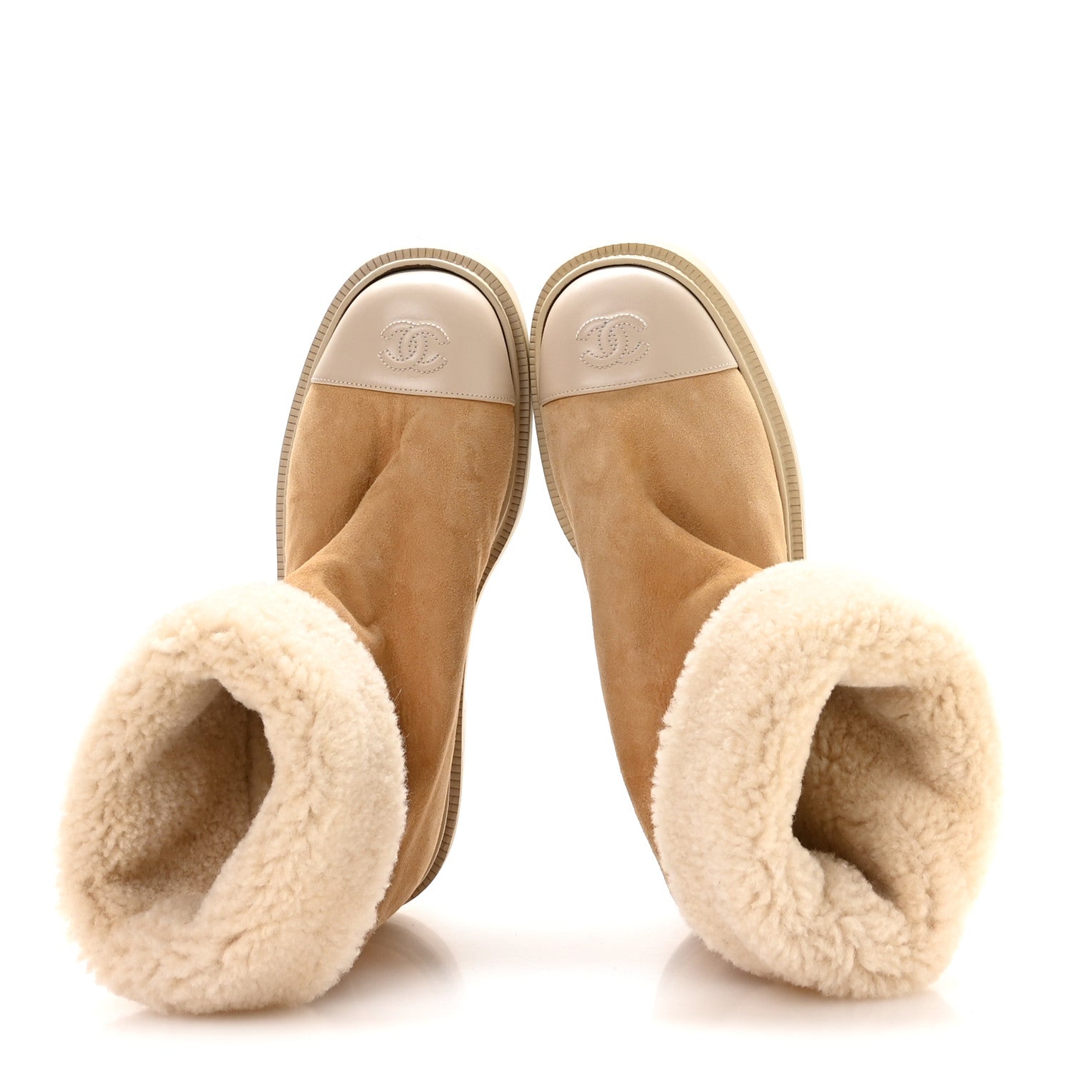 Chanel Suede Shearling Cap Toe Short Boots 38 Beige 2 of 8