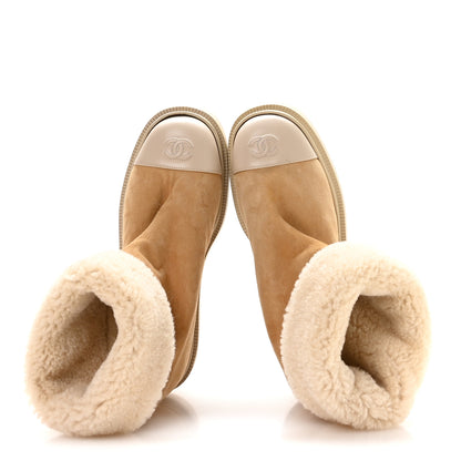 Chanel Suede Shearling Cap Toe Short Boots 38 Beige 2 of 8