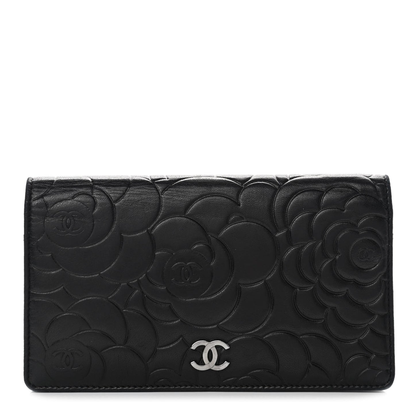 Lambskin Camellia Embossed Yen Wallet Black