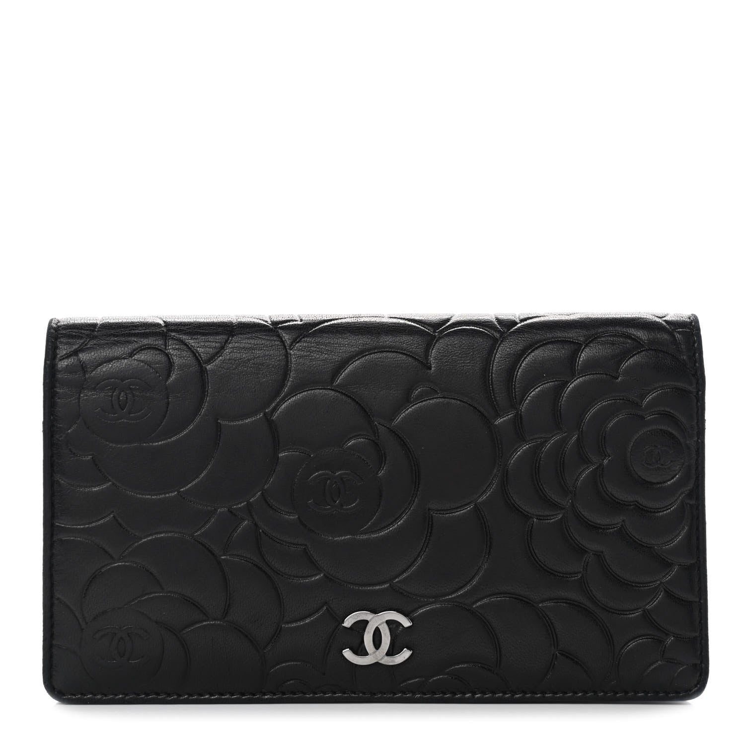 Chanel Lambskin Camellia Embossed Yen Wallet Black 1 of 11