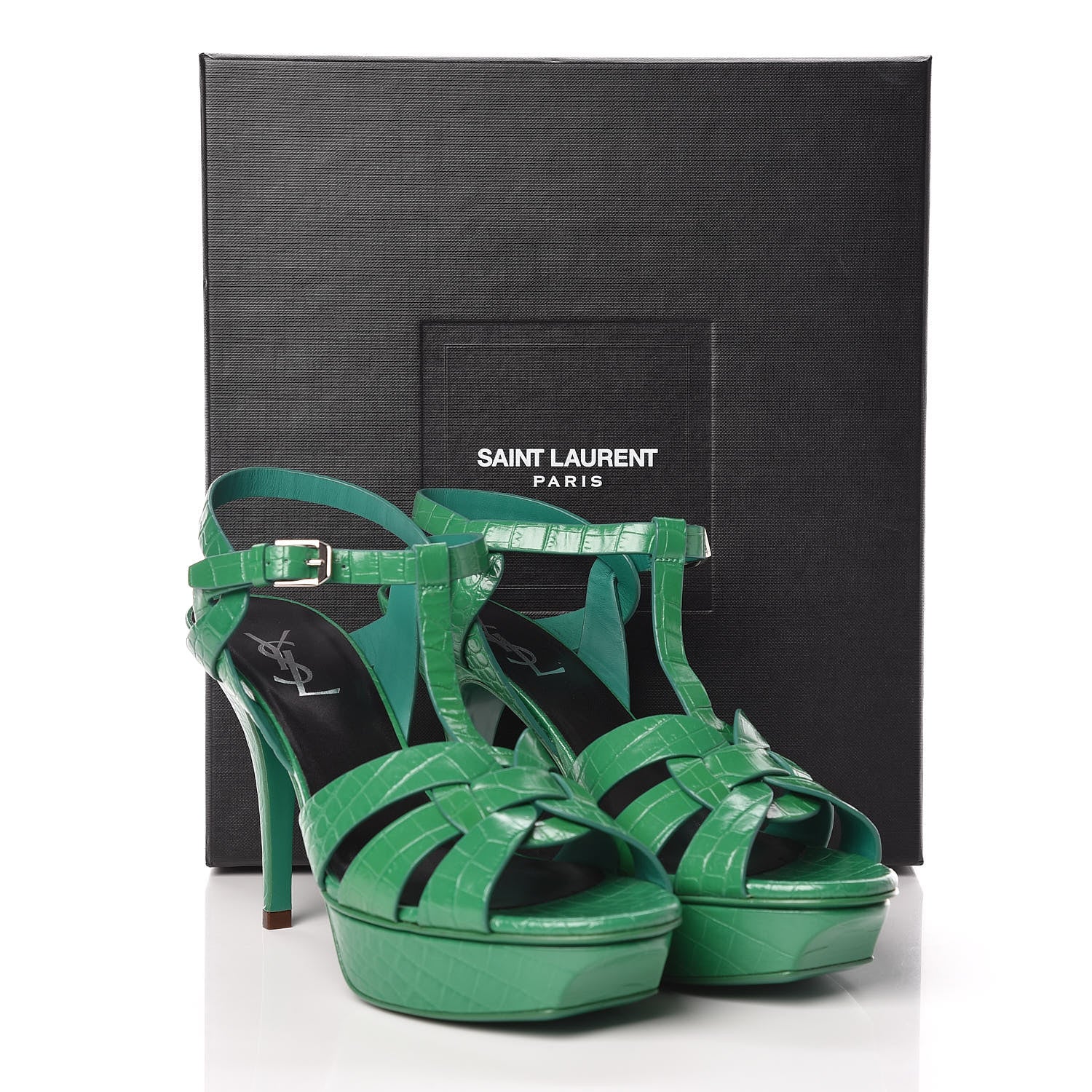 Saint Laurent Calfskin Crocodile Embossed Tribute 75 Platform Sandals 39 Green 8 of 8