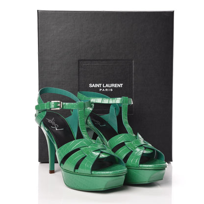 Saint Laurent Calfskin Crocodile Embossed Tribute 75 Platform Sandals 39 Green 8 of 8