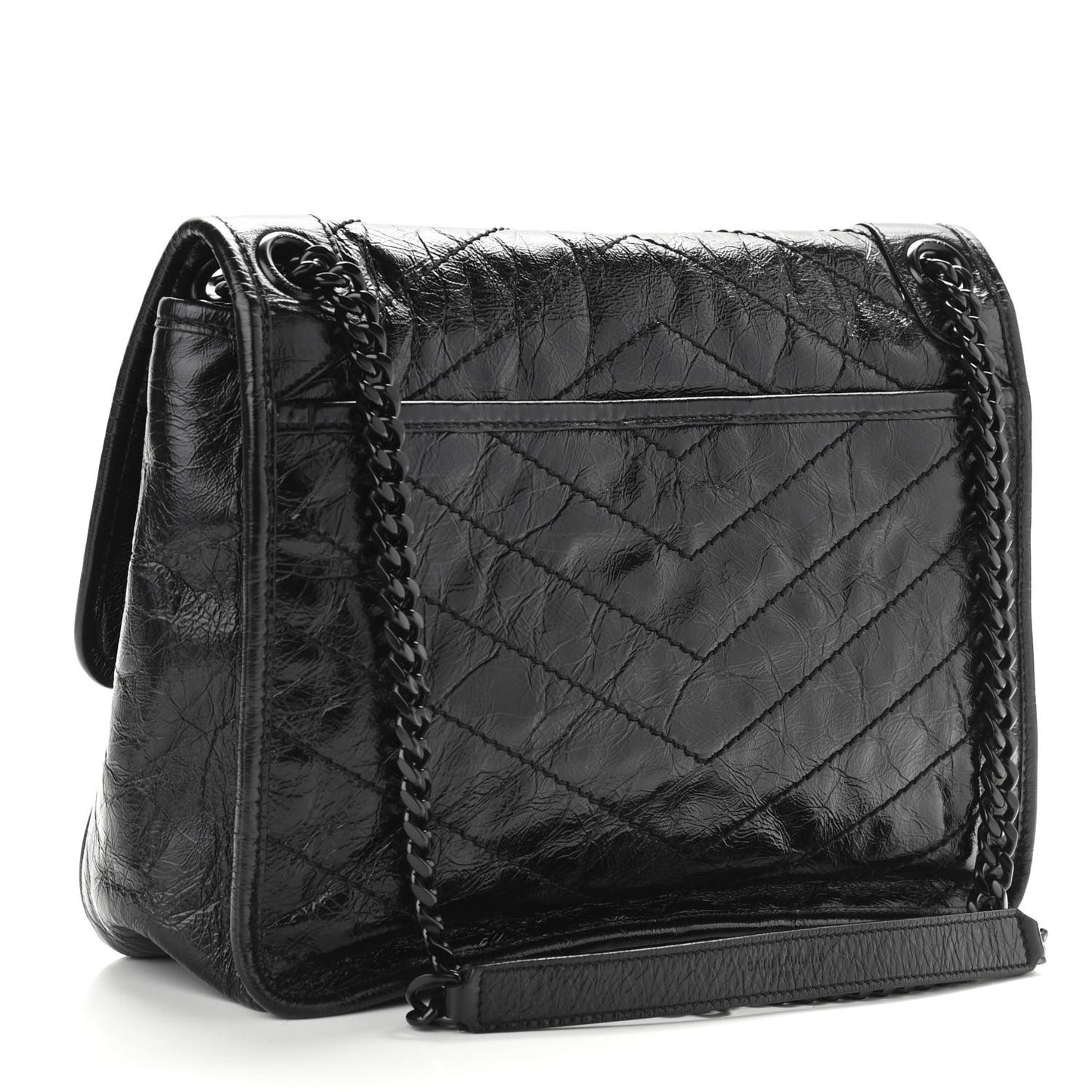 Crinkled Calfskin Matelasse Monogram Medium Niki Chain Satchel Black