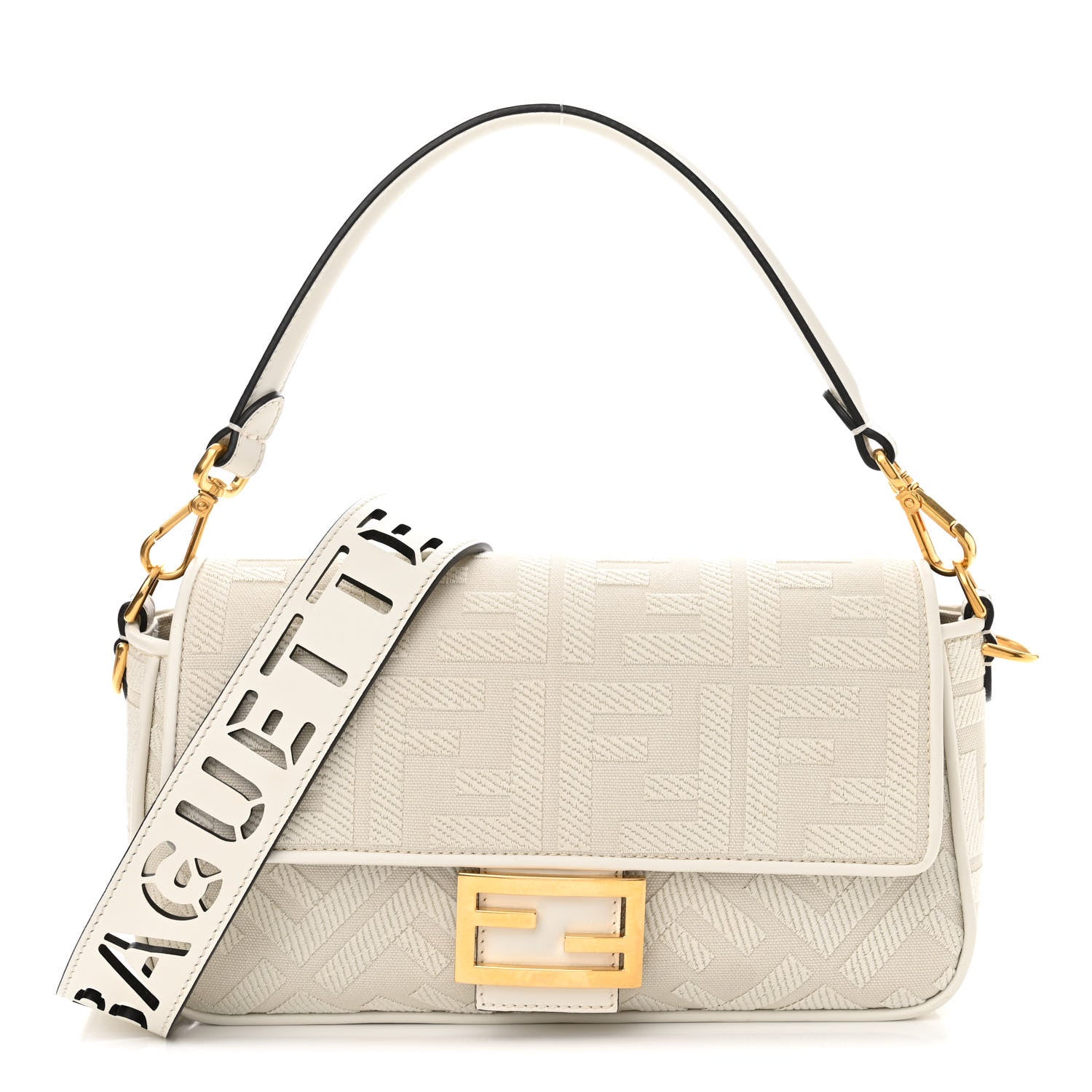 Fendi Canvas Vitello King Extra Strap FF Embroidered Baguette White Ice 1 of 12