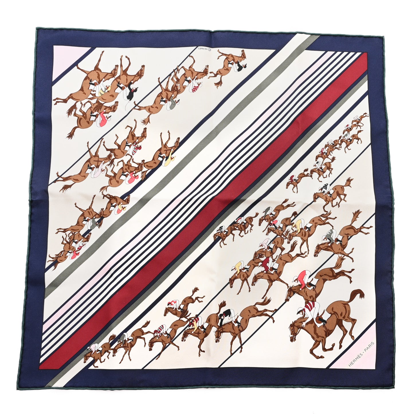 Silk Les Courses Scarf 45 Marine Beige Vert