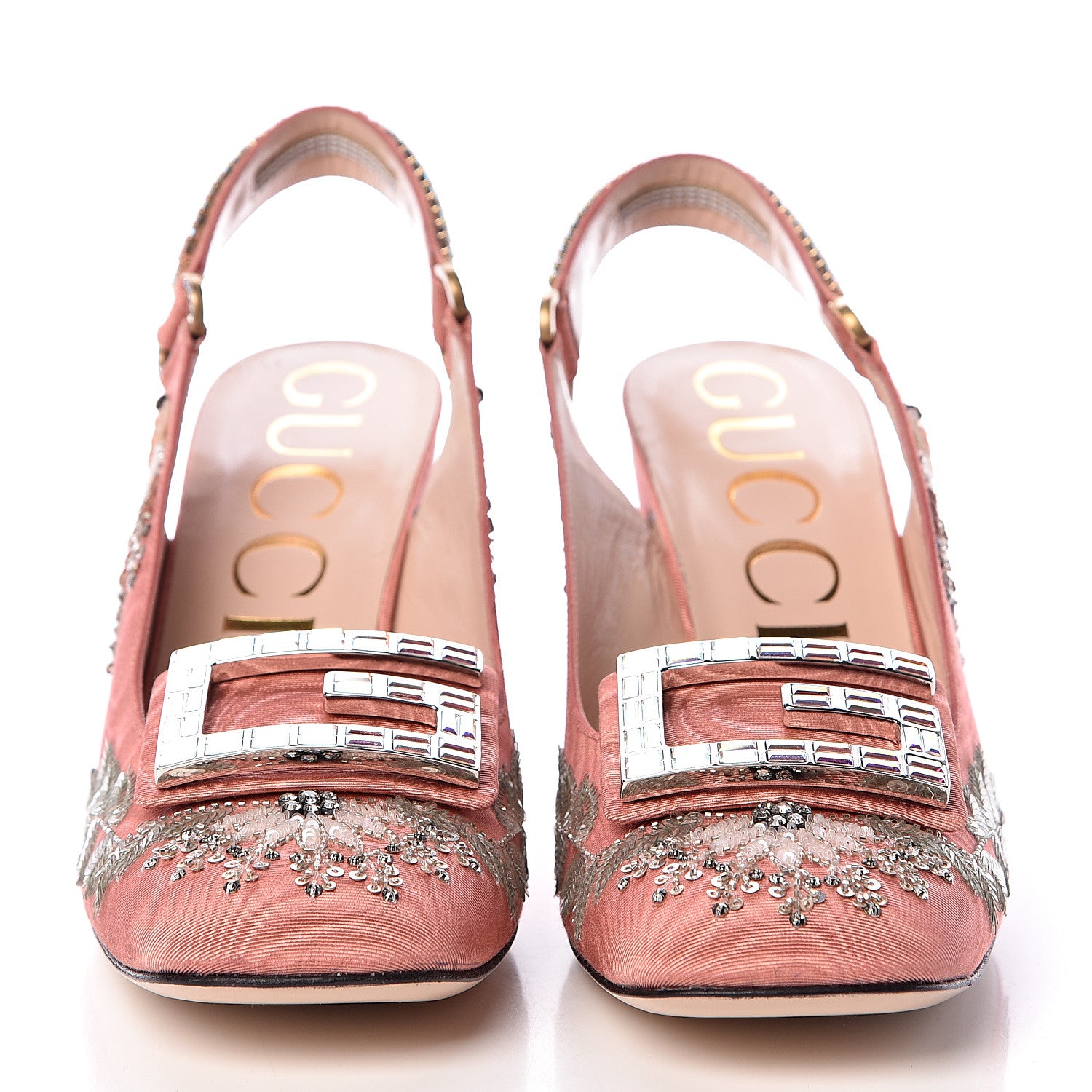 Gucci Moire Fabric Eyes Crystal Square G Madelyn Slingbacks 41 New Blush 2 of 10