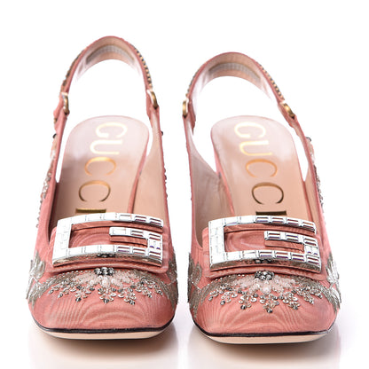 Gucci Moire Fabric Eyes Crystal Square G Madelyn Slingbacks 41 New Blush 2 of 10