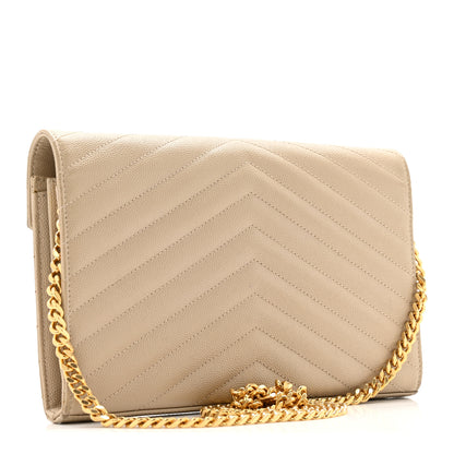 Saint Laurent Grain De Poudre Matelasse Chevron Monogram Chain Wallet Dark Latte 3 of 15