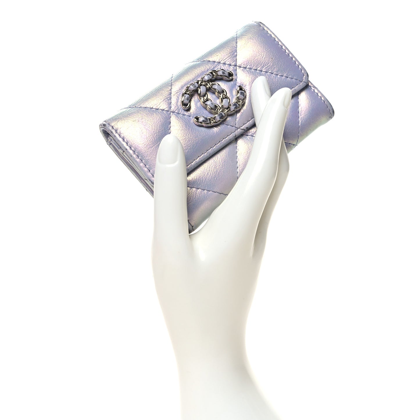 Iridescent Calfskin Quilted Chanel 19 Flap Card Holder Light Purple
