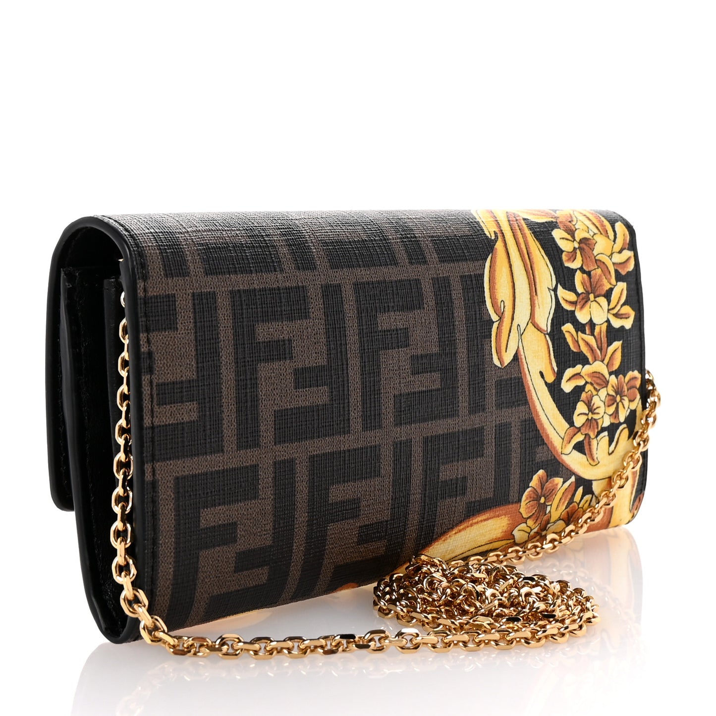 X VERSACE Glazed Fabric Fendace FF Baroque Continental Wallet On Chain Gold Tobacco Black