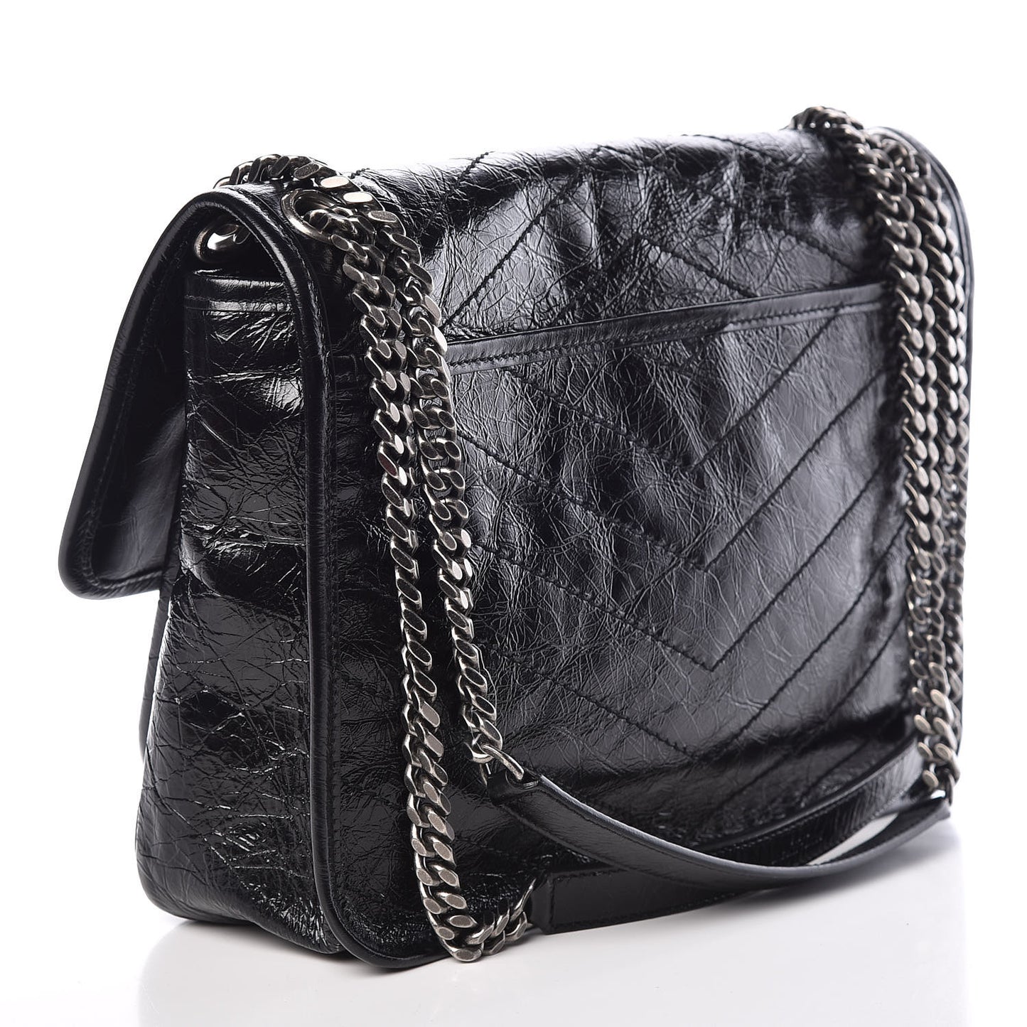 Crinkled Calfskin Matelasse Monogram Medium Niki Chain Satchel Black