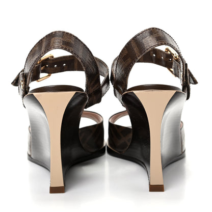 Fendi Glazed Fabric FF Wedge Sandals 37 Tobacco Moro 7 of 9
