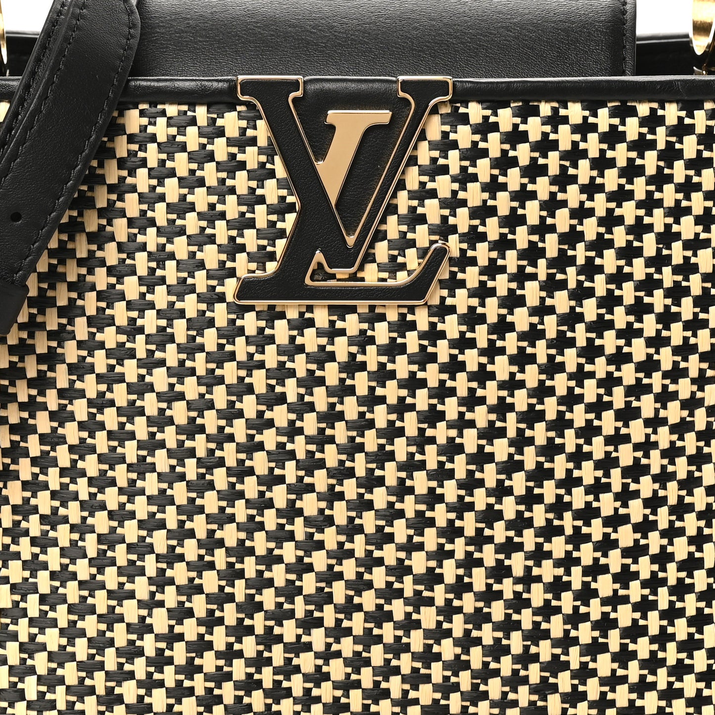 Raffia Calfskin Capucines MM Black Ecru