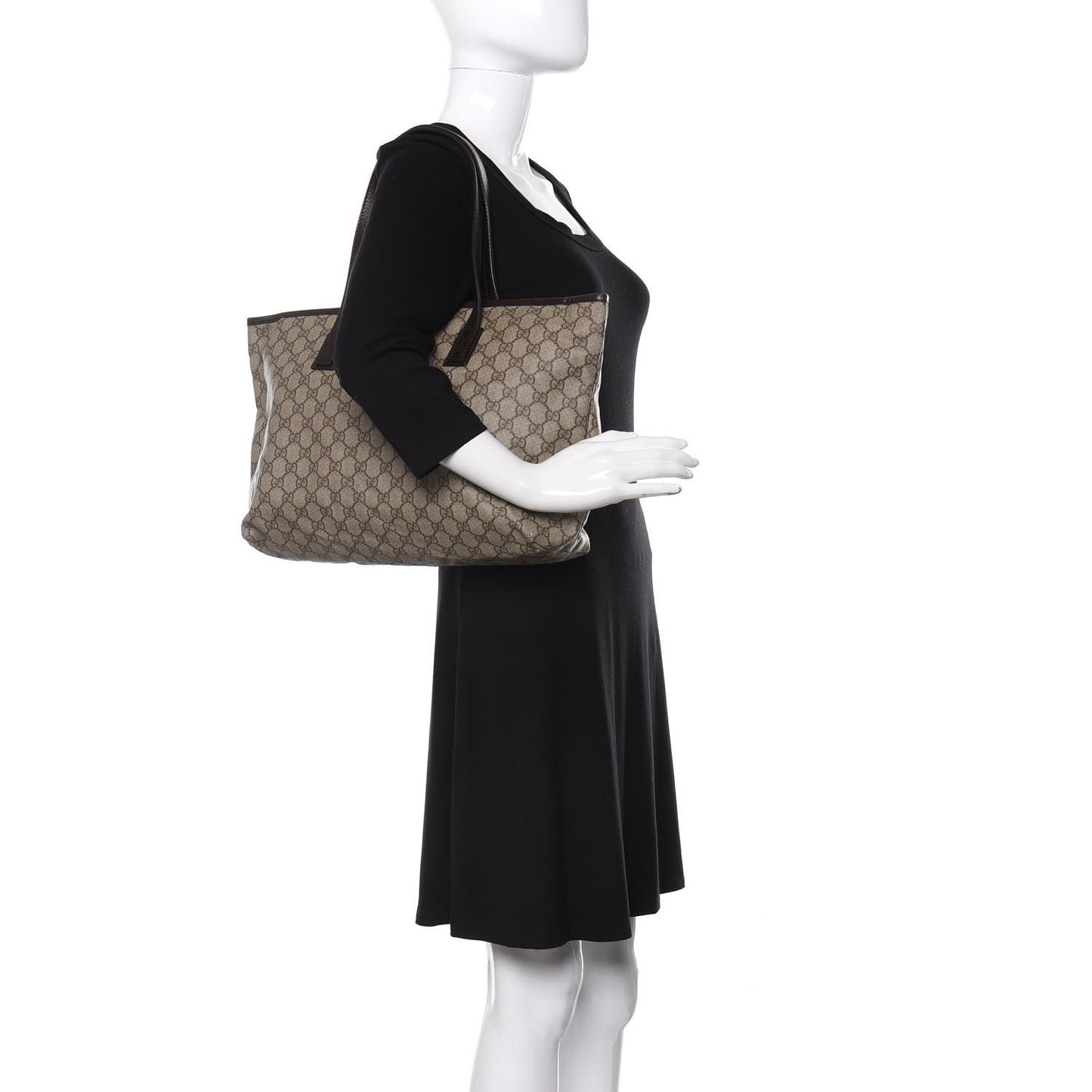 GG Supreme Monogram Medium Zippered Shopping Tote Dark Brown