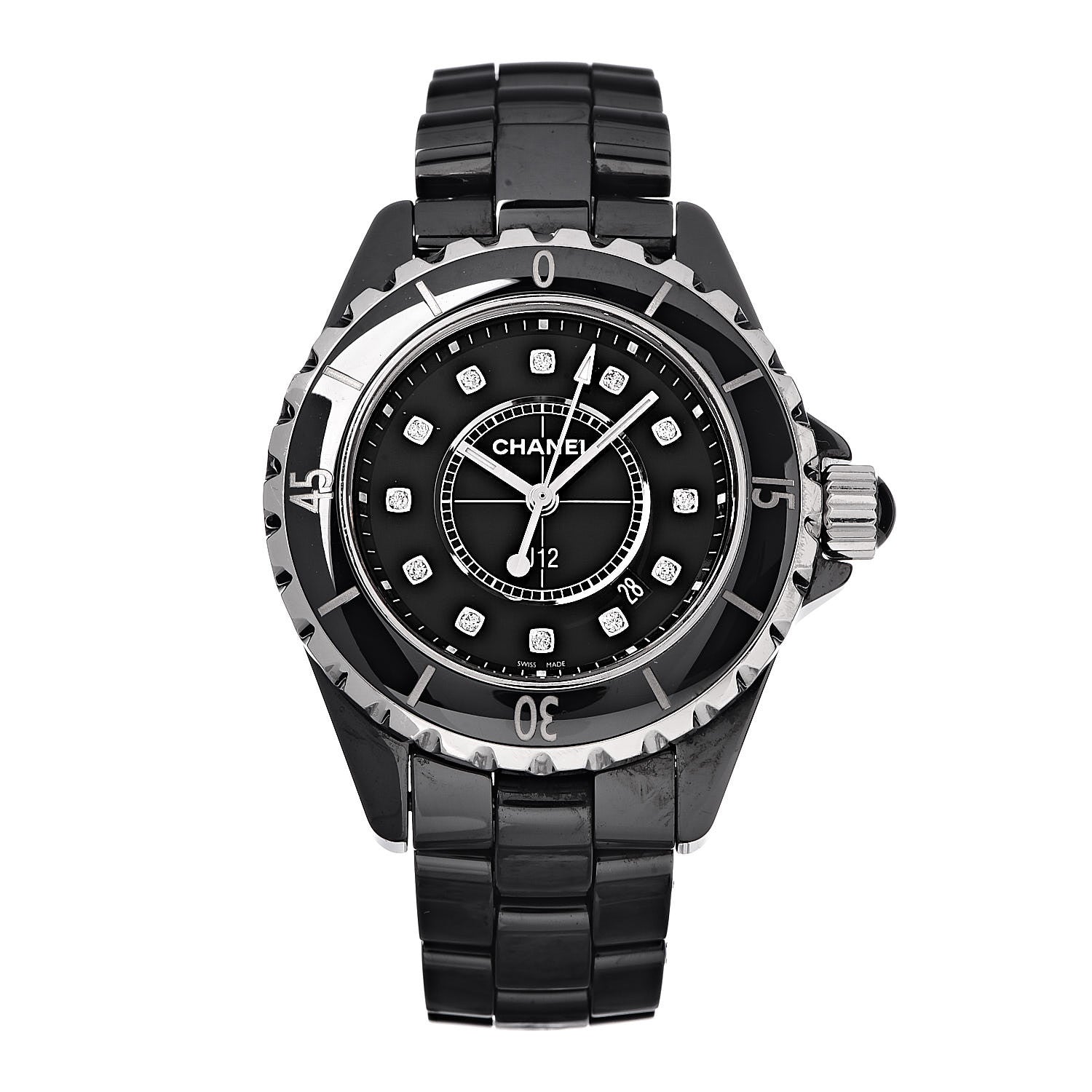 Chanel Stainless Steel Ceramic Diamond 33mm J12 Quartz Watch Black 1 of 7