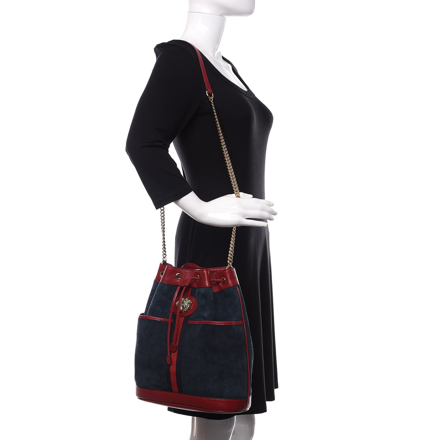 Suede Calfskin Web Medium Rajah Bucket Bag New Blue Romantic Cherry