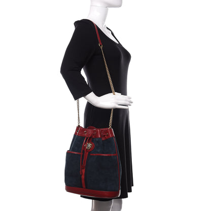 Gucci Suede Calfskin Web Medium Rajah Bucket Bag New Blue Romantic Cherry 2 of 10