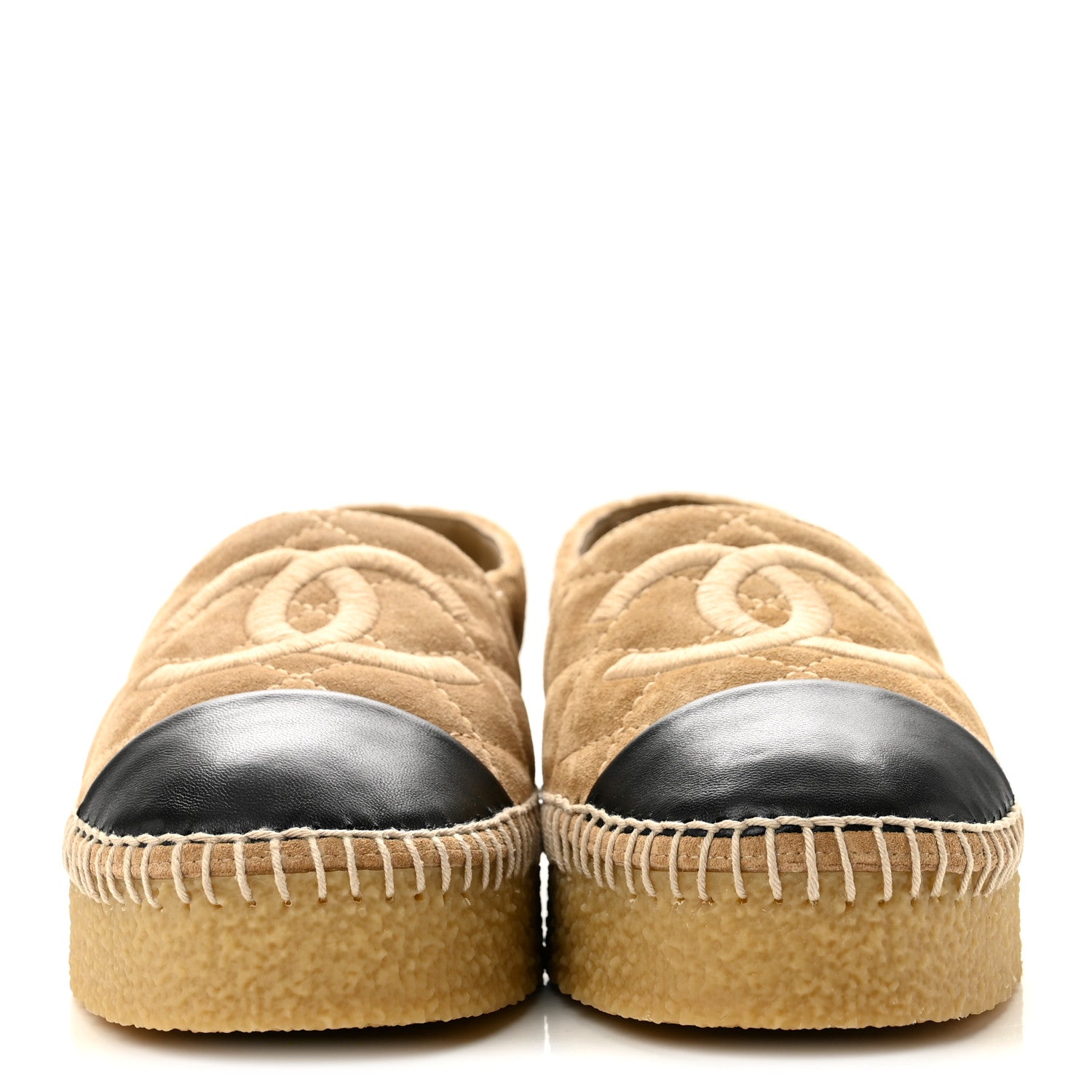 Chanel Suede Quilted CC Platform Espadrilles 39 Beige Black 3 of 10